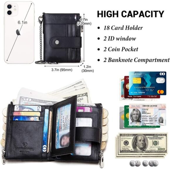 Chain Wallets RFID Wallets for Men Genuine Leather Wallet Zipper Bifold - Picture 2 of 7